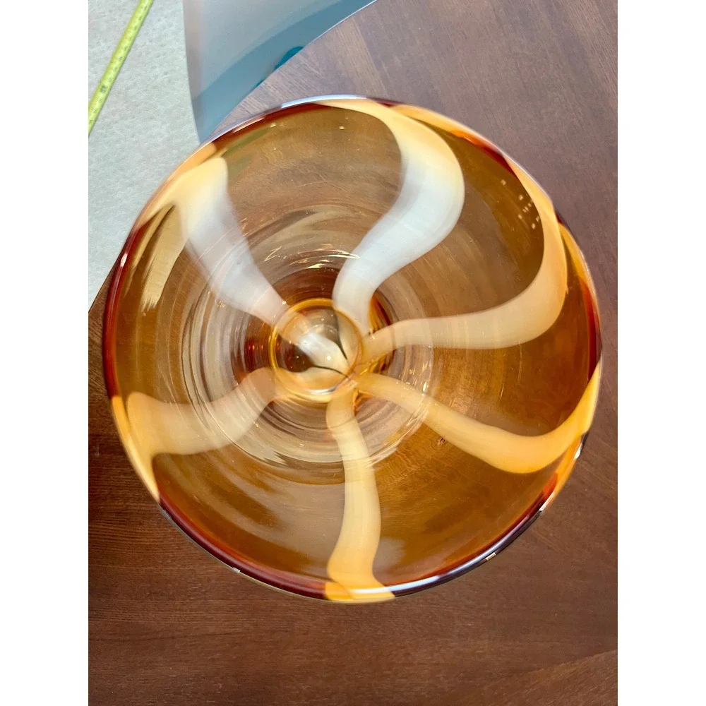 Vintage Murano Style Amber Glass Ribbon Vase Mid Century Hand Blown